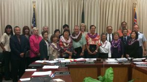 Group photo of HSGC's Art and Rene Kimura at Board of Education, Honolulu.
